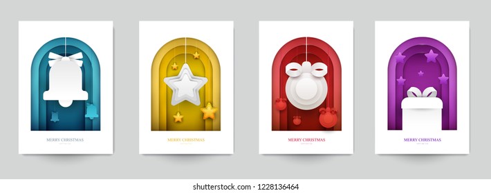 Set background for covers, invitations, posters, banners, flyers, placards. Minimal template design for branding, advertising with winter christmas composition in paper cut style. Vector illustration.