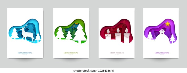 Set background for covers, invitations, posters, banners, flyers, placards. Minimal template design for branding, advertising with winter christmas composition in paper cut style. Vector illustration.