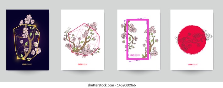 Set background for covers, invitations, posters, banners, flyers, placards. Minimal template design for branding, advertising with with hand drawn sakura branch. Vector illustration.