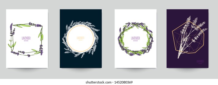 Set background for covers, invitations, posters, banners, flyers, placards. Minimal template design for branding, advertising with hand drawn sketch lavender. Vector illustration.