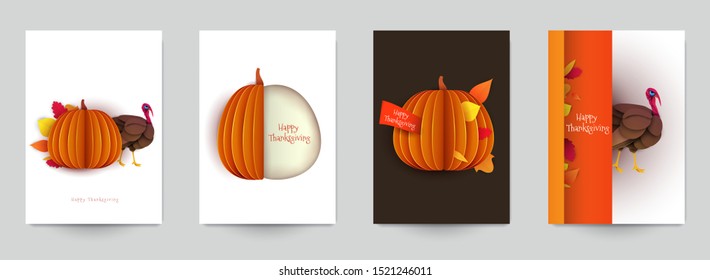 Set background for covers, invitations, posters, banners, flyers, placards. Minimal template design for branding, advertising with  thanksgiving day composition in papercut style. Vector illustration.