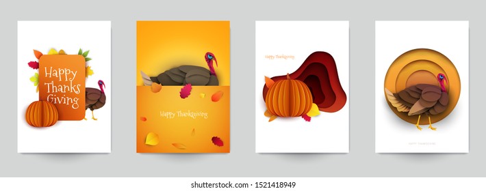 Set background for covers, invitations, posters, banners, flyers, placards. Minimal template design for branding, advertising with  thanksgiving day composition in papercut style. Vector illustration.