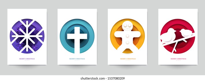 Set background for covers, invitations, posters, banners, flyers, placards. Minimal template design for branding, advertising with winter christmas composition in paper cut style. Vector illustration.