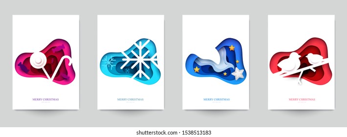 Set background for covers, invitations, posters, banners, flyers, placards. Minimal template design for branding, advertising with winter christmas composition in paper cut style. Vector illustration.