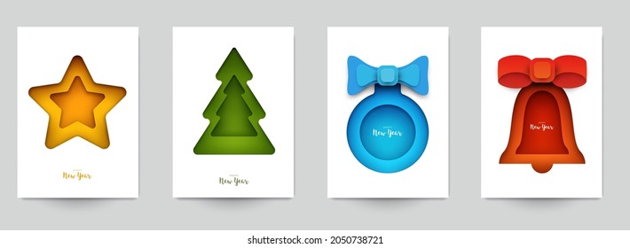 Set background for covers, invitations, posters, banners, flyers, placards. Minimal template design for branding, advertising with winter christmas composition in paper cut style. Vector illustration.