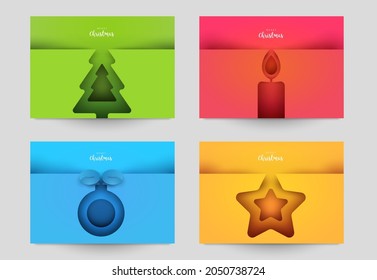 Set background for covers, invitations, posters, banners, flyers, placards. Minimal template design for branding, advertising with winter christmas composition in paper cut style. Vector illustration.