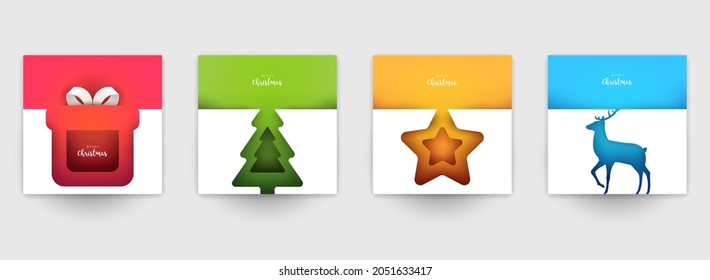 Legen Sie den Hintergrund für Cover, Einladungen, Poster, Banner, Flyer, Plakate fest. Minimales Template Design für Branding, Werbung mit Winterweihnachtskomposition im Papierschnitt-Stil. Vektorgrafik.