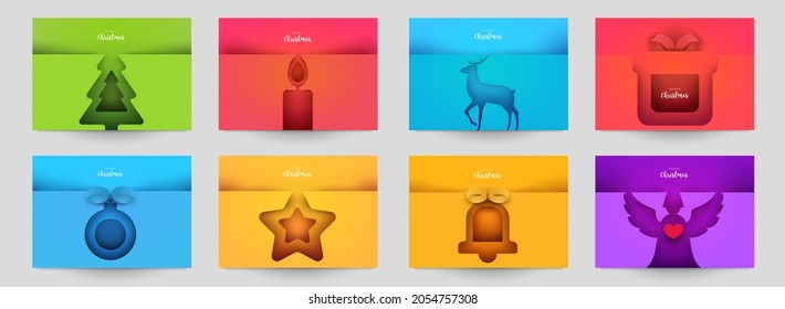 Set background for covers, invitations, posters, banners, flyers, placards. Minimal template design for branding, advertising with winter christmas composition in paper cut style. Vector illustration.