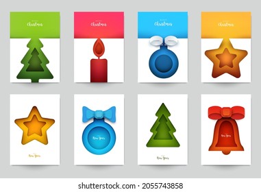 Set background for covers, invitations, posters, banners, flyers, placards. Minimal template design for branding, advertising with winter christmas composition in paper cut style. Vector illustration.