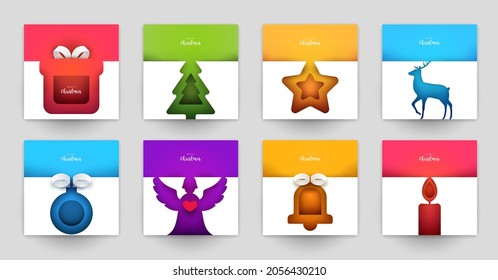 Set background for covers, invitations, posters, banners, flyers, placards. Minimal template design for branding, advertising with winter christmas composition in paper cut style. Vector illustration.