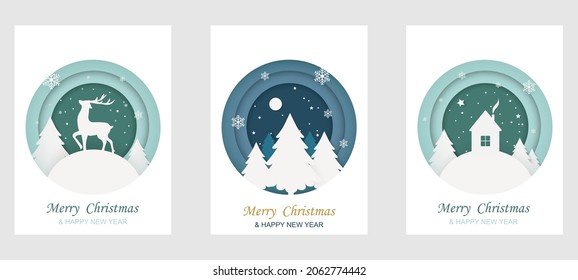 Set background for covers, invitations, posters, banners, flyers, placards. Minimal template design for branding, advertising with winter christmas composition in paper cut style. Vector illustration.