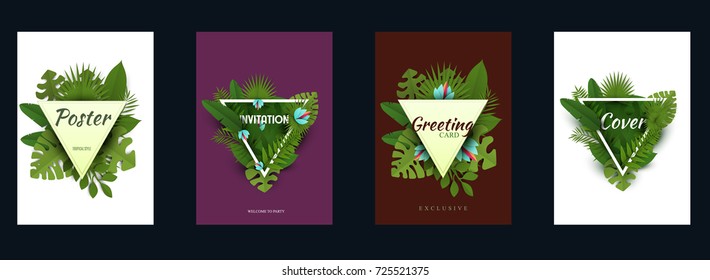 Set background for covers, invitations, posters, banners, flyers, placards. Minimal template design for branding, advertising with exotic tropical leaves in paper cut style. Vector illustration.