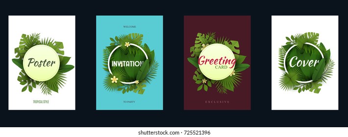 Set background for covers, invitations, posters, banners, flyers, placards. Minimal template design for branding, advertising with exotic tropical leaves in paper cut style. Vector illustration.