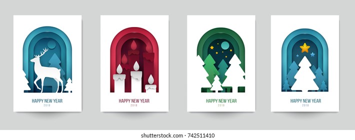 Set background for covers, invitations, posters, banners, flyers, placards. Minimal template design for branding, advertising with winter christmas composition in paper cut style. Vector illustration.