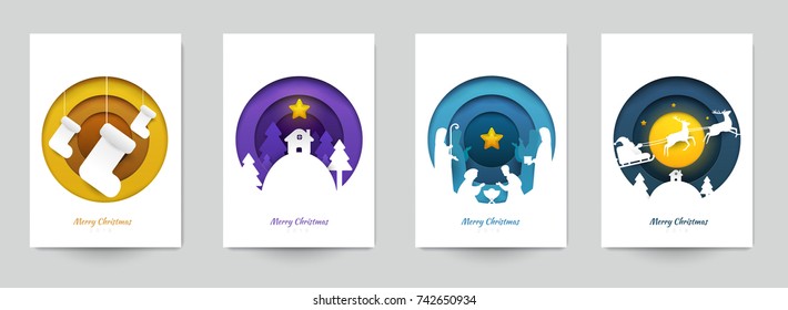 Set background for covers, invitations, posters, banners, flyers, placards. Minimal template design for branding, advertising with winter christmas composition in paper cut style. Vector illustration.