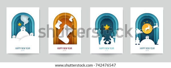 Set background for covers, invitations,
posters, banners, flyers, placards. Minimal template design for
branding, advertising with winter christmas composition in paper
cut style. Vector
illustration.