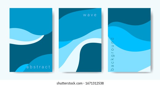 Set of background covers with wave elements. Abstract nature wallpaper in blue colors. Vector illustration for banner, magazine, cover book, brochure, flyers.
