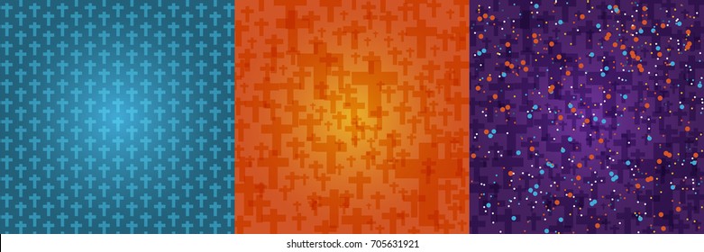 Set background dark orange, blue, purple color halloween with crucifix pattern texture, vector illustration