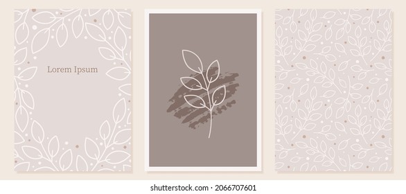 Set von Hintergrunddesigns mit handgezeichneten Blättern und Ästen.