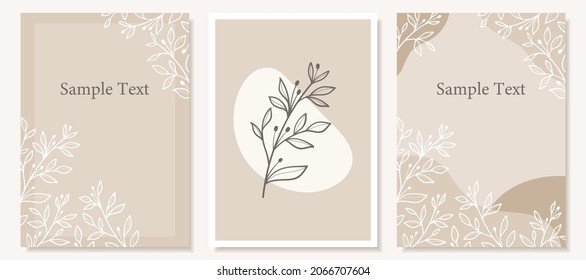 Set of background design templates with hand drawn leaves, branches, and abstract shapes. 