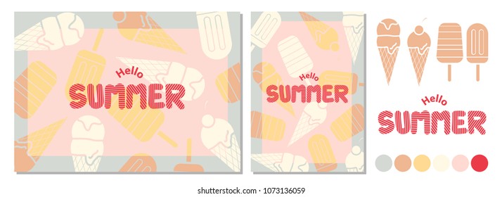 Set of background design in vector illustration with elements and color schemes for recreate your own. Poster design for Summer with space for text and ice cream on background.