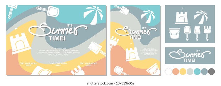 Set of background design in vector illustration with elements and color schemes for recreate your own. Poster design for Summer with calligraphy and space for text and beach toys.