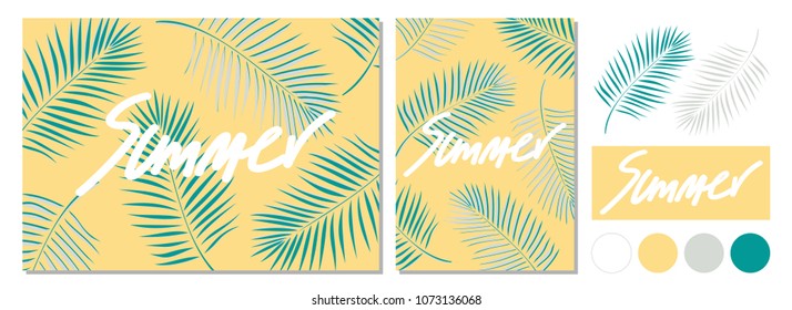 Set of background design in vector illustration with elements and color schemes for recreate your own. Poster design for Summer with calligraphy and palm leaves on pastel background.