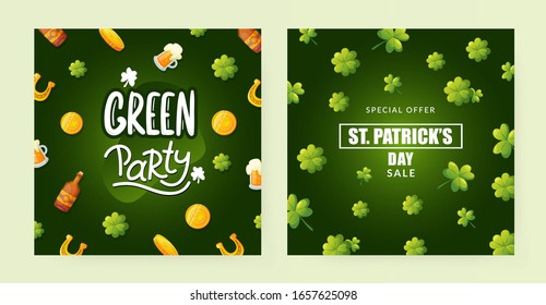 Set of background designs for St. Patrick's Day. Green shamrock, lucky coins and symbols of Ireland with greeting text.