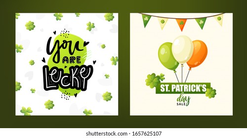 Set of background designs for St. Patrick's Day. Green shamrock, lucky coins and symbols of Ireland with greeting text.