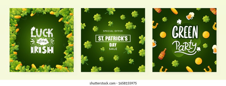 Set of background designs for St. Patrick's Day. Green shamrock, lucky coins and symbols of Ireland with greeting text.