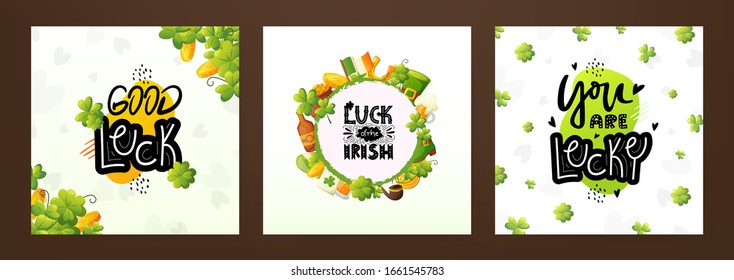 Set of background designs for St. Patrick's Day. Green shamrock, lucky coins and symbols of Ireland with greeting text.
