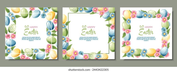 Set of Background with Easter eggs and flowers. Postcard, banner for Easter. Spring time. Frame with colorful eggs.