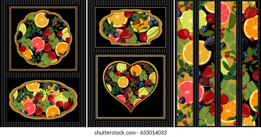A set of background elements with berries and citrus. Slices of lemon, orange, lime, blueberries, cranberries, lingonberries, cherries and strawberries.