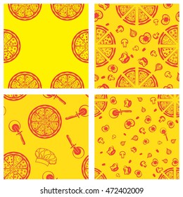 Set of background food pattern.  Round hot delicious pizza and products for cooking, sliced - mushrooms, tomatoes, olives, bell pepper, onion.