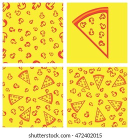  Set of background food pattern.  Round hot delicious pizza cut on slices and products for cooking, sliced - mushrooms, tomatoes, olives, bell pepper, onion.