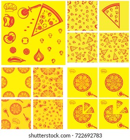 Set of background food pattern. Round hot delicious pizza and products for cooking, sliced - mushrooms, tomatoes, olives, bell pepper, onion.