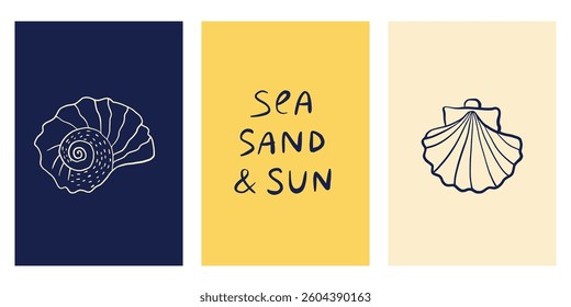 Set of background with hand drawn ink seashells. Summer coastal design elements for trendy poster, invitation, banner, menu cover.