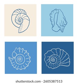 Set of background with hand drawn ink seashells. Summer coastal design elements for trendy poster, invitation, banner, menu cover.