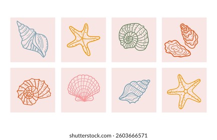 Set of background with hand drawn seashells in pastel colors. Minimalist vintage marine prints. Summer coastal design elements for trendy poster, invitation, banner, menu cover. 