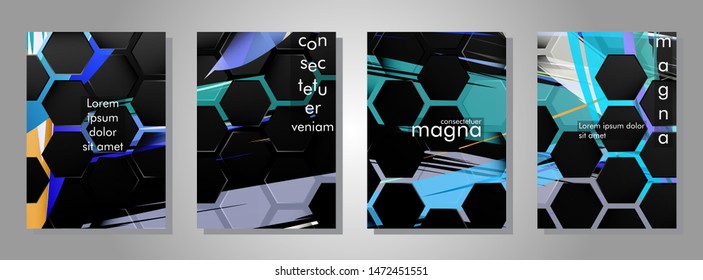 Set the background of the hexagon book cover. Gradient color light pattern with dark background technology style. Honeycomb. vector illustration of light