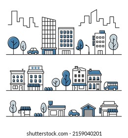 Set of background icons of streetscape of city center and urban streets including buildings, trees, cars, buses