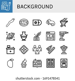 Set of background icons. Such as Sonography, Silkworm, Sample, Cds, Chameleon, Bbq, Uranus, Greek vase, Inkwell, Video stream, Driller, Front desk, Intersection , background icons