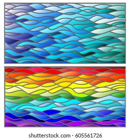 A set of background illustrations in the stained glass style, wavy rainbow and blue background