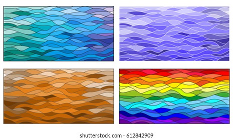 A set of background illustrations in the stained glass style, wavy rainbow ,blue , brown background