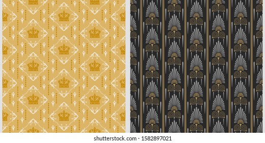Set background images. Wallpaper texture. Colors: white, gold, black, silver. Damask seamless pattern. Vector image.