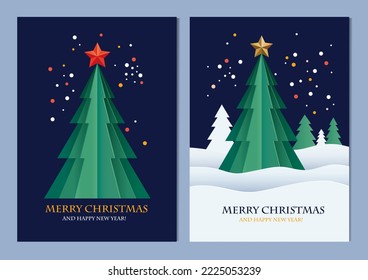 Set background for invitations, posters, banners, flyers, postcard. Minimal design with winter christmas tree and winter snow background in digital craft style, paper collage, paper cut style