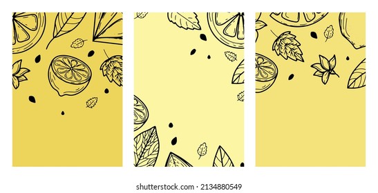 Set background with lemon, flower, leaves. Hand-drawn vector illustration of fruits. In the style of an engraving with colored spots.Citrus, botanical design. For posters, prints, wallpapers, covers