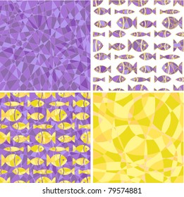 Set a background a lilac and yellow mosaic with small fishes
