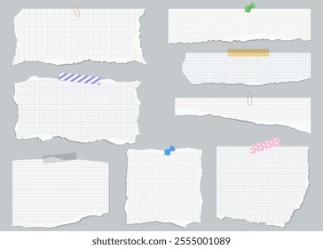 A set of background materials featuring torn paper, grid notebook pages, paper held together with tape, thumbtacks, and clips