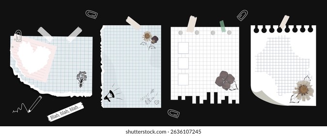 Set of background materials with torn paper, notebook pages in a square, paper fastened with tape, paper clips. Template from torn paper with a frayed edge. Checkered school sheet for notes, trimmings
